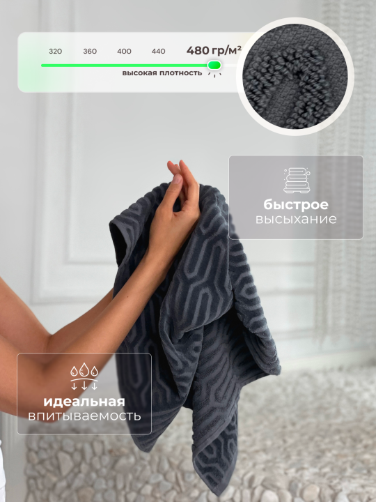 Полотенце банное махровое KAVA HOME TEXTILE набор 3 шт, цвет:графит