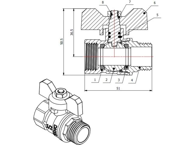 Кран шаровый 1/2" нар.-вн. бабочка PN30, AV Engineering