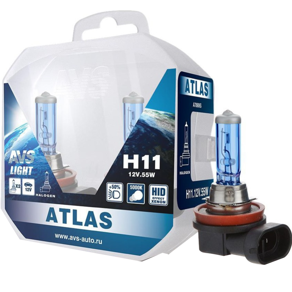 Лампа автомобильная «AVS» Atlas 5000К/PB H11.12V.55W, A78906S, 2 шт