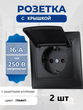 Розетка 2П+З (2шт) 16А 250В IP44 с защ. шт. с крышкой графит "Лама" TDM SQ1815-0614(2)