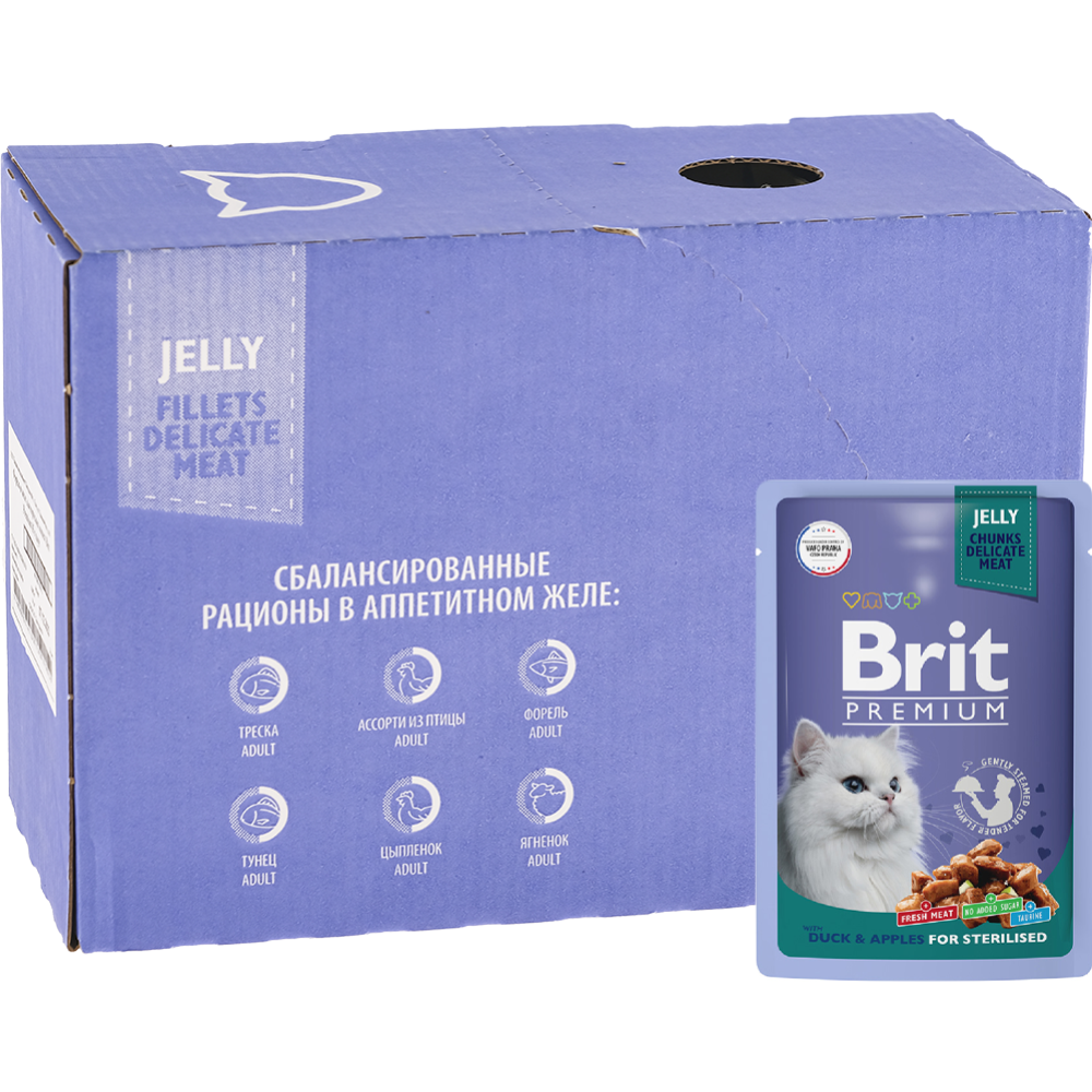 УП.Корм для кошек «Brit» Premium Sterilised,  утка, яблоко в желе, 14х85 г