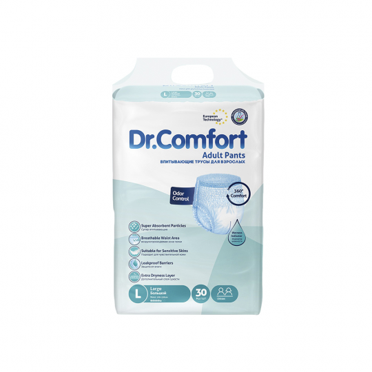 Впи­ты­ва­ю­щие под­гуз­ни­ки-трусы для взрос­лых «Dr.Comfort» Jumbo Adult Pant Jumbo pack, Large-30, 30 шт. х 3 уп.