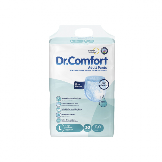 Впи­ты­ва­ю­щие под­гуз­ни­ки-трусы для взрос­лых «Dr.Comfort» Jumbo Adult Pant Jumbo pack, Large- 30 шт. х 4 уп.