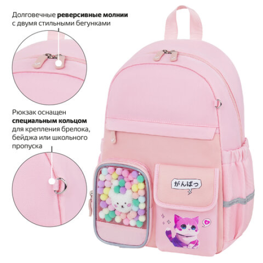 Рюкзак школьный 40х29х14 см BRAUBERG PASTEL "Anime kitten", персиковый, 272065