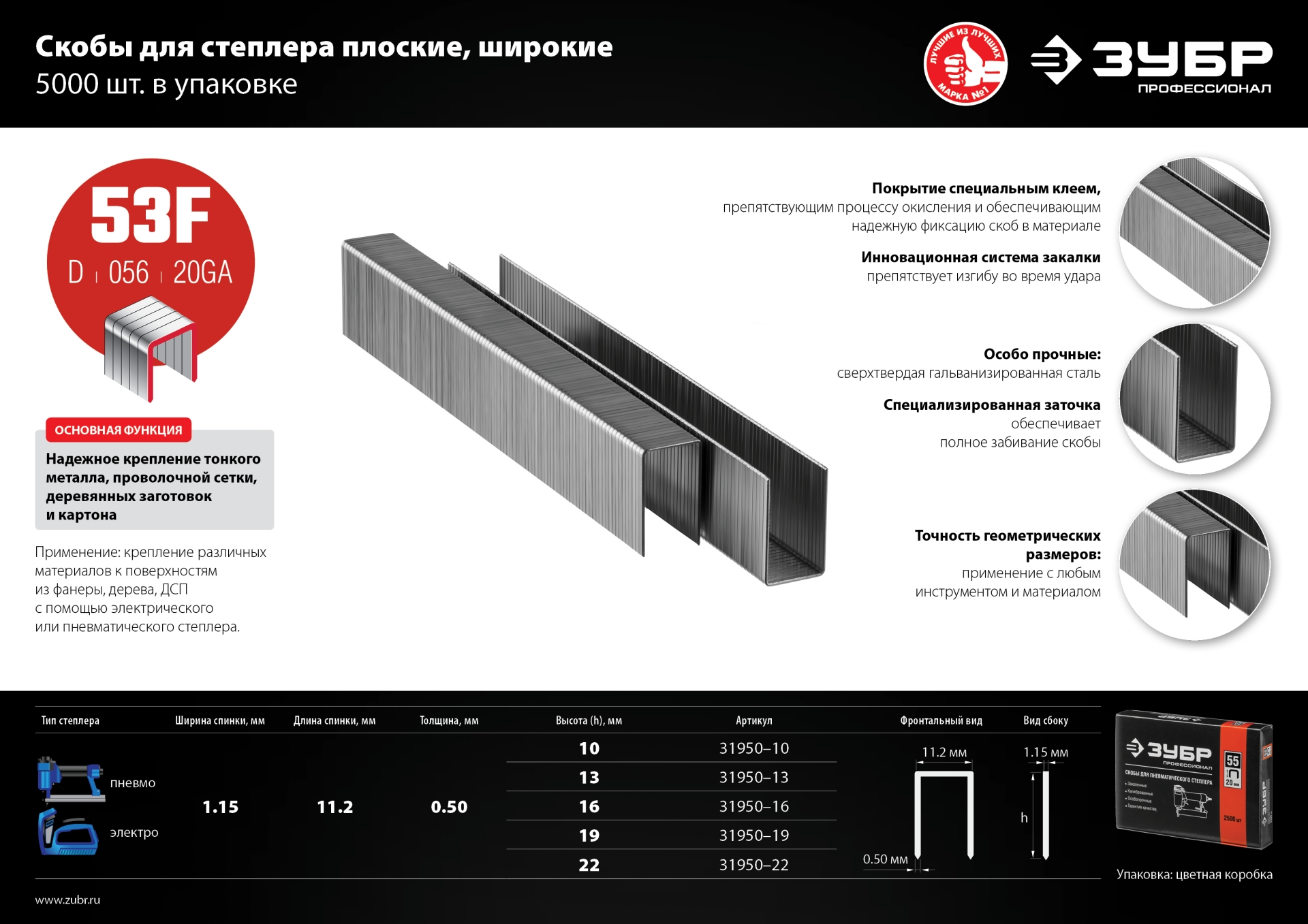 Скобы для степлера 19 мм, 5000 шт, тип 20GA (53F / D / 056), ЗУБР (31950-19)