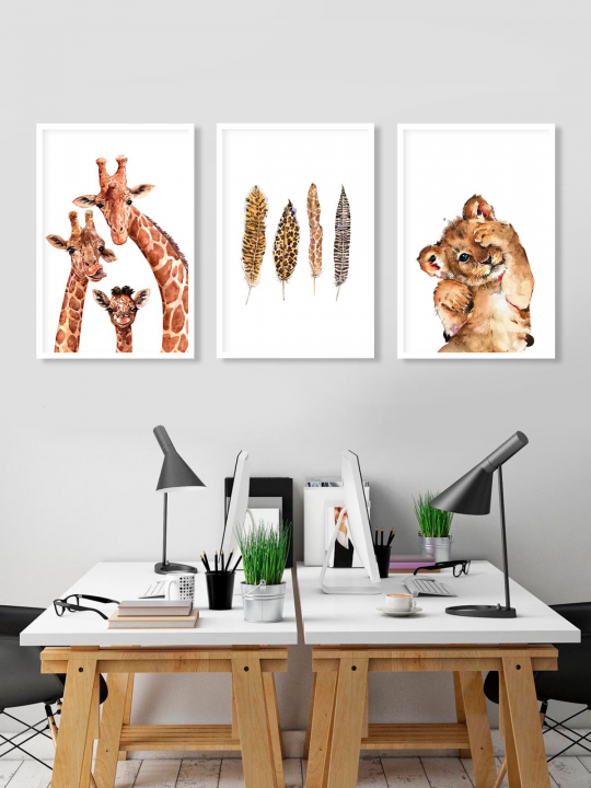 Набор из 3-х постеров для интерьера в раме "Львенок и жирафики" 40х60 см для интерьера, Универсальный подарок, постеры на стену, В спальню, на кухню, в гостиную, Декор, Модульные картины