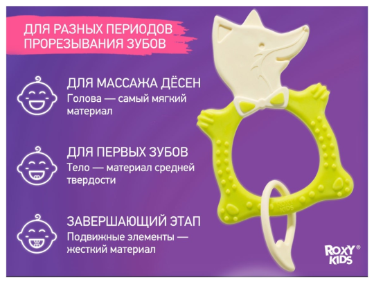 Прорезыватели в наборе Roxy Kids BUNNY горчичный + FOX зелёный + MEOW коралловый