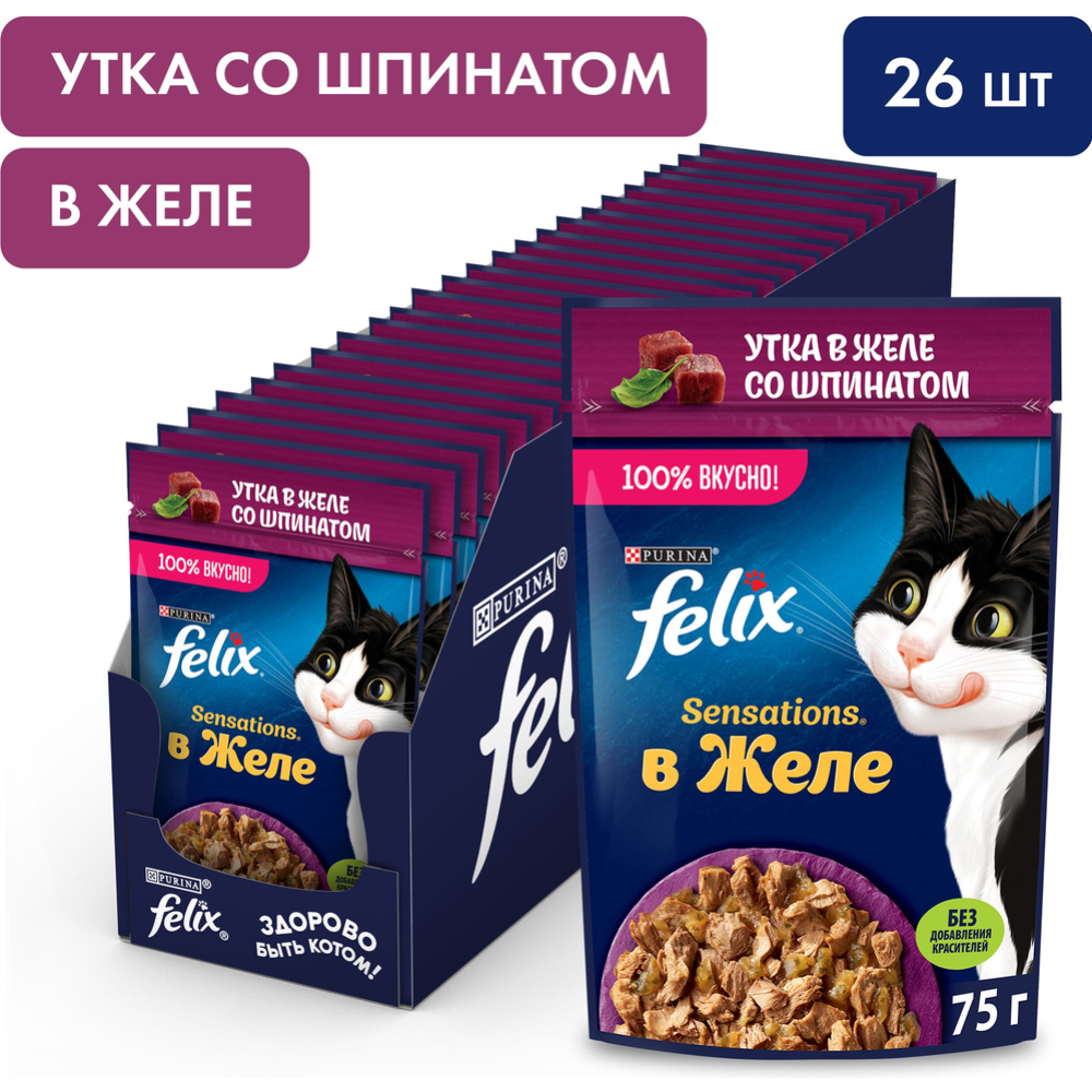 Корм для кошек «Felix Sensations» с уткой в желе со шпинатом, 75 г #1