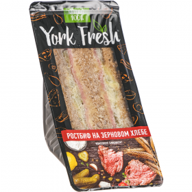 Сэнд­вич на зер­но­вом хлебе «York Fresh» с рост­би­фом и кор­ни­шо­на­ми в соусе тар-тар, за­мо­ро­жен­ный, 150 г