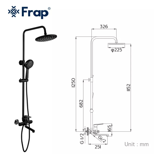 Душевая система Frap F2449-6, Чёрный/Хром