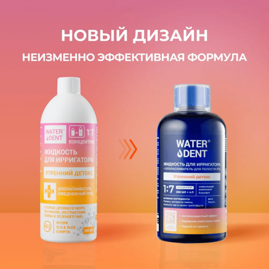 Жидкость для ирригатора / ополаскиватель для полости рта 2 в 1 WaterDent Утренний Детокс 500 мл