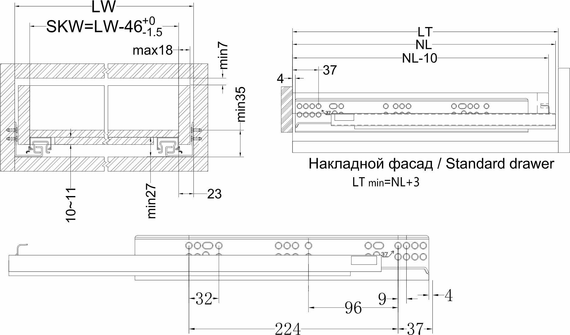 3D Направляющие cкрытого монтажа L-350 с системой плавного закрывания, нагрузка до 45кг, 16-18 mm, AKS PLUS 2 шт