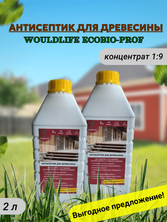 Антисептик для защиты древесины WOULDLIFE ECOBIO-PROF (концентрат 1:9, 20 л готового раствора), 2 л (2 шт по 1 л)