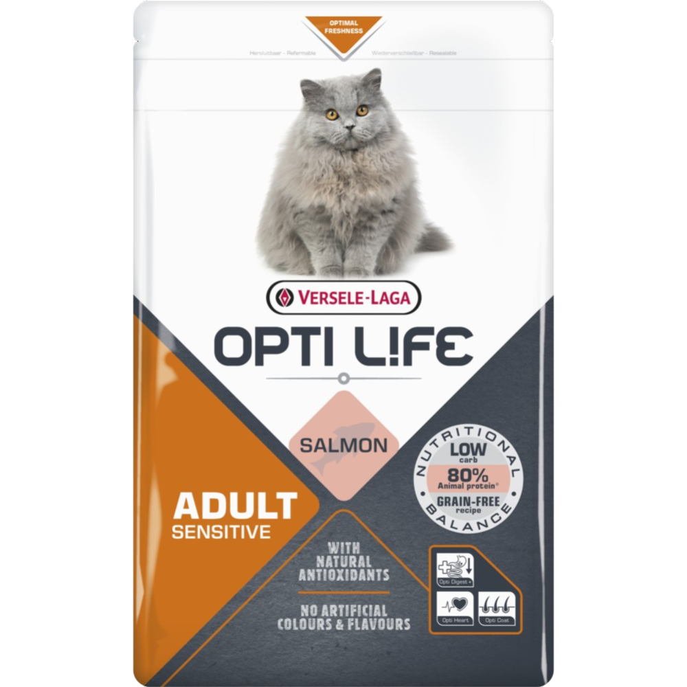 Корм для кошек «Opti Life» Cat, полнорационный, для кошек с чувствительным пищеварением, лосось, 441319, 2.5 кг