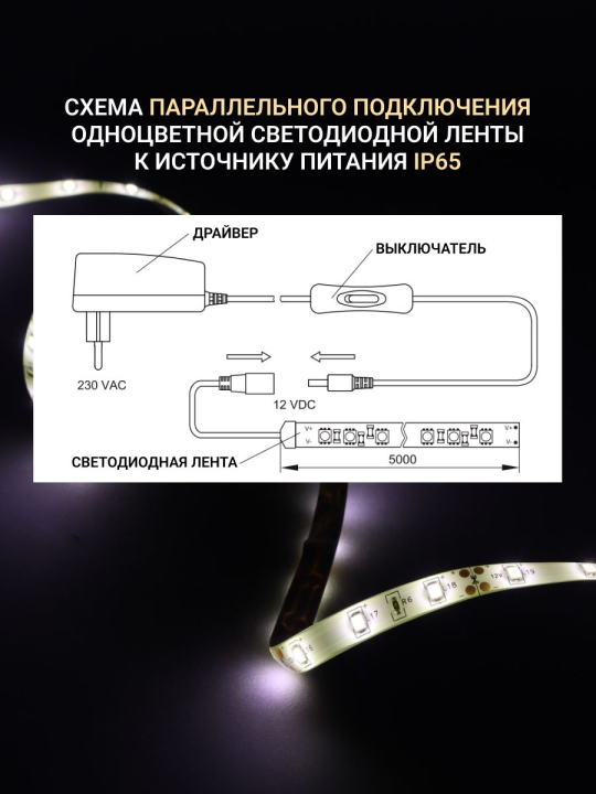 Комплект светодиодной подсветки "Сделай сам" (лента LED 5м LSR-2835W60-4,8-IP65-12В + драйвер + выключатель) LSR1-2-060-65-1-05-S1