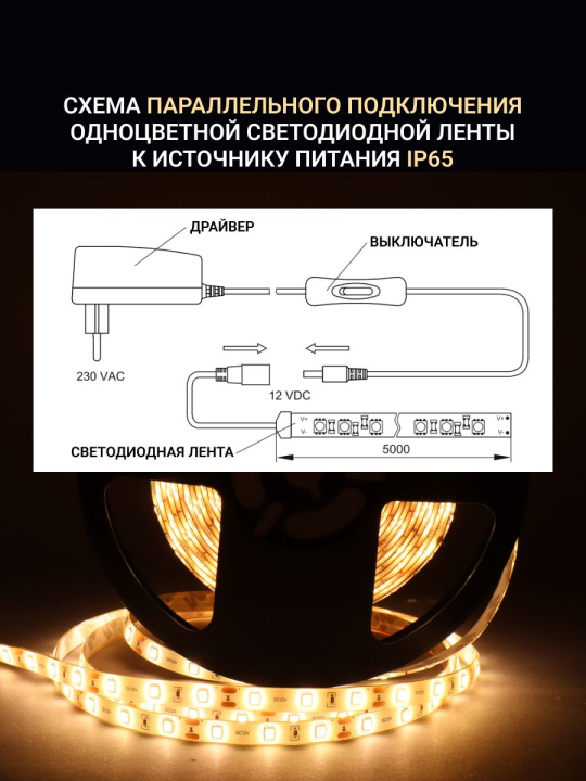 Комплект светодиодной подсветки "Сделай сам" (лента LED 5м LSR-2835WW60-4,8-IP65-12В + драйвер + выключатель) LSR1-1-060-65-1-05-S1