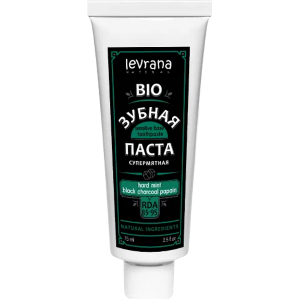 Зубная паста «Levrana» Hard mint & black charcoal & papain, био супермятная, с углем и папаином, 75 мл