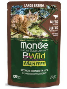 Влажный корм Monge Cat BWild GRAIN FREE для котят и кошек крупных пород, из мяса буйвола с овощами, 28 шт х 85 г