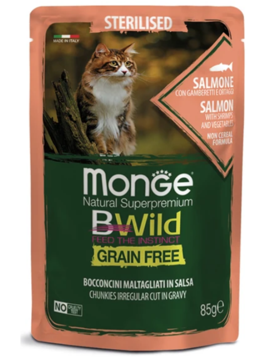 Влажный корм Monge Cat BWild GRAIN FREE для стерилизованных кошек, беззерновой, из лосося с креветками и овощами, 28 шт х 85 г