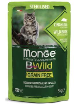 Влажный корм Monge Cat BWild GRAIN FREE для стерилизованных кошек, беззерновой, из мяса дикого кабана с овощами, 28 шт х 85 г