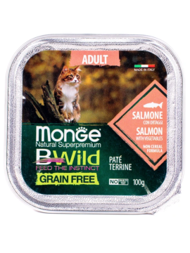 Влажный корм Monge Cat BWild GRAIN FREE для кошек, беззерновой, из лосося с овощами, 16 шт х 100 г