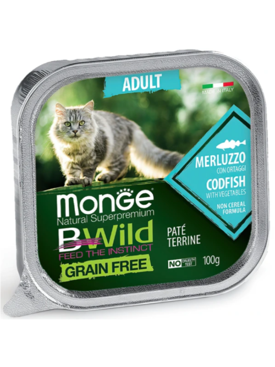 Влажный корм Monge Cat BWild GRAIN FREE для кошек, беззерновой, из трески с овощами, 16 шт х 100 г