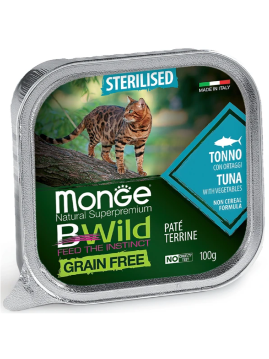 Влажный корм Monge Cat BWild GRAIN FREE для стерилизованных кошек, беззерновой, из тунца с овощами, 16 шт х 100 г