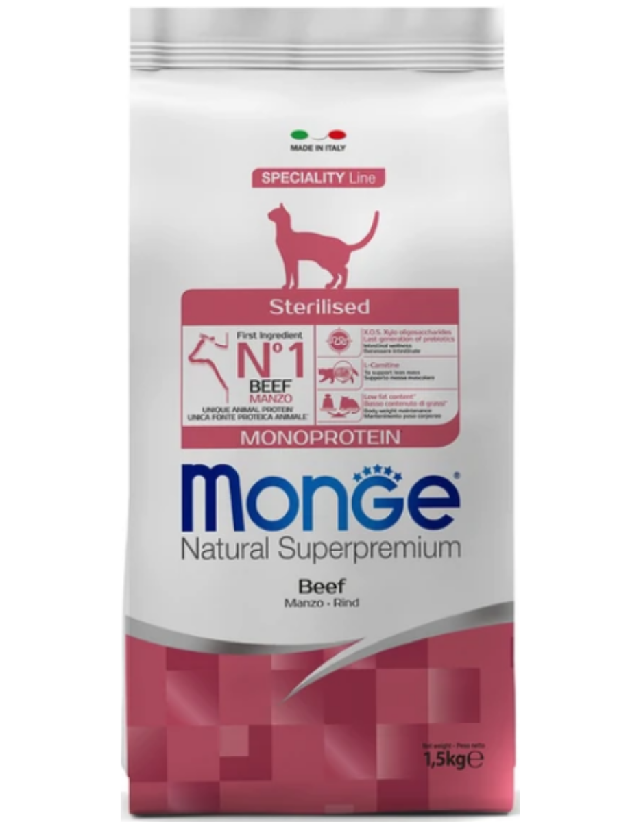 Сухой корм Monge Cat Speciality Line Monoprotein Sterilised для стерилизованных кошек, из говядины 1,5 кг