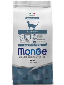 Сухой корм Monge Cat Speciality Line Monoprotein Sterilised для стерилизованных кошек, из форели, 1,5 кг