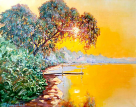 Пейзаж маслом на холсте "Закат над озером"