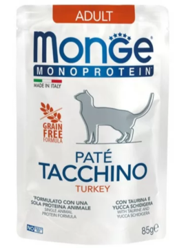 Влажный корм Monge Cat Monoprotein для взрослых кошек, из индейки, 28шт х 85 г