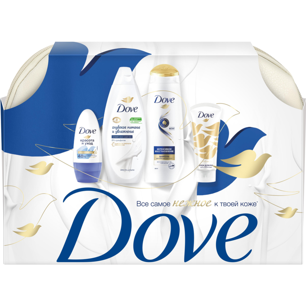 Подарочный набор «Dove» Нежнее к твоей коже, шампунь для волос + крем-гель для душа + дезодорант + крем для рук, 250+250+50+50 мл