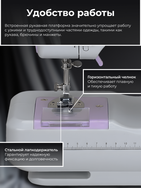 Швейная мини-машинка, 12 типов стежков, 2 скорости + педаль, белая