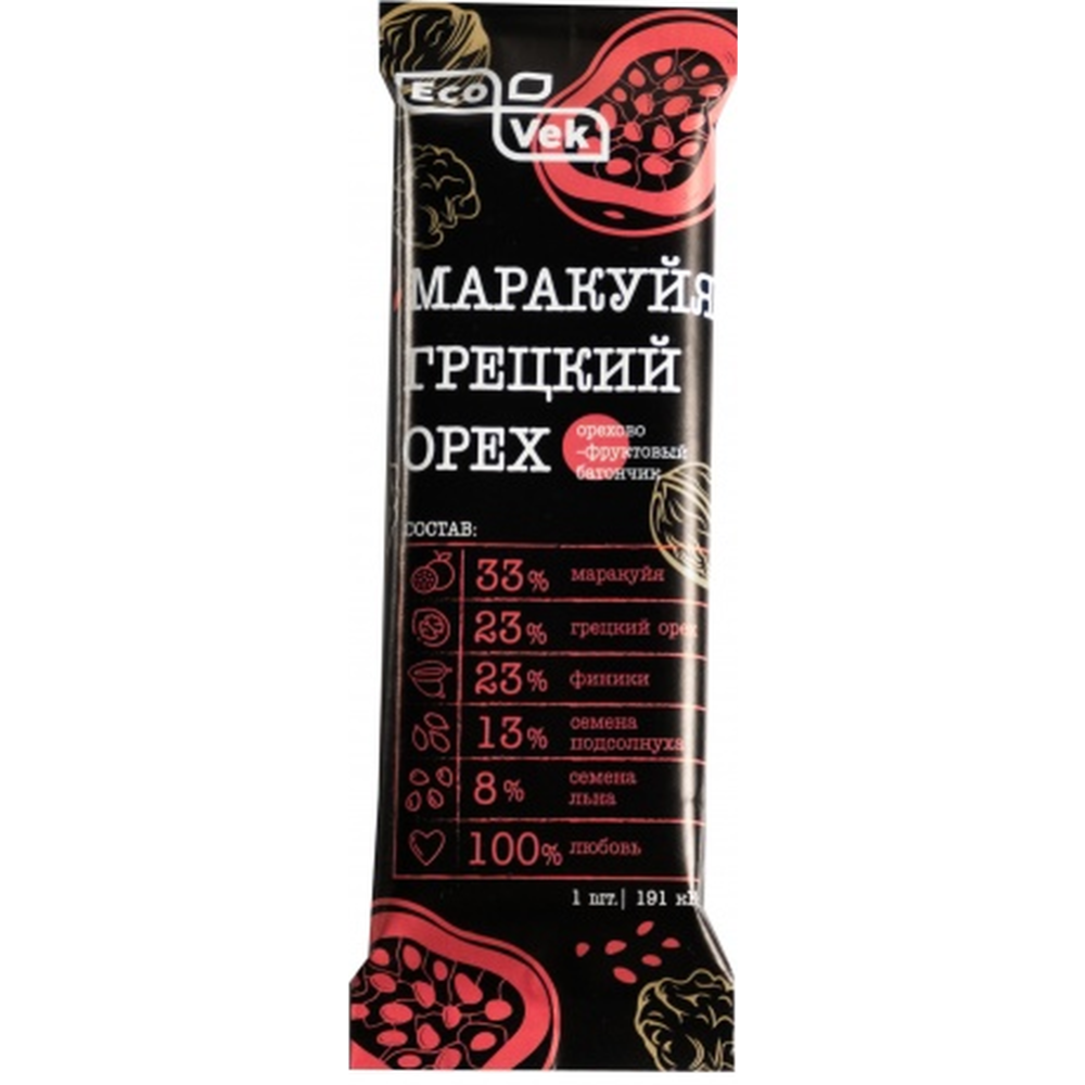 Ба­тон­чик оре­хо­во-фрук­то­вый «Ecovek» ма­ра­куйя-грец­кий орех, 50 г