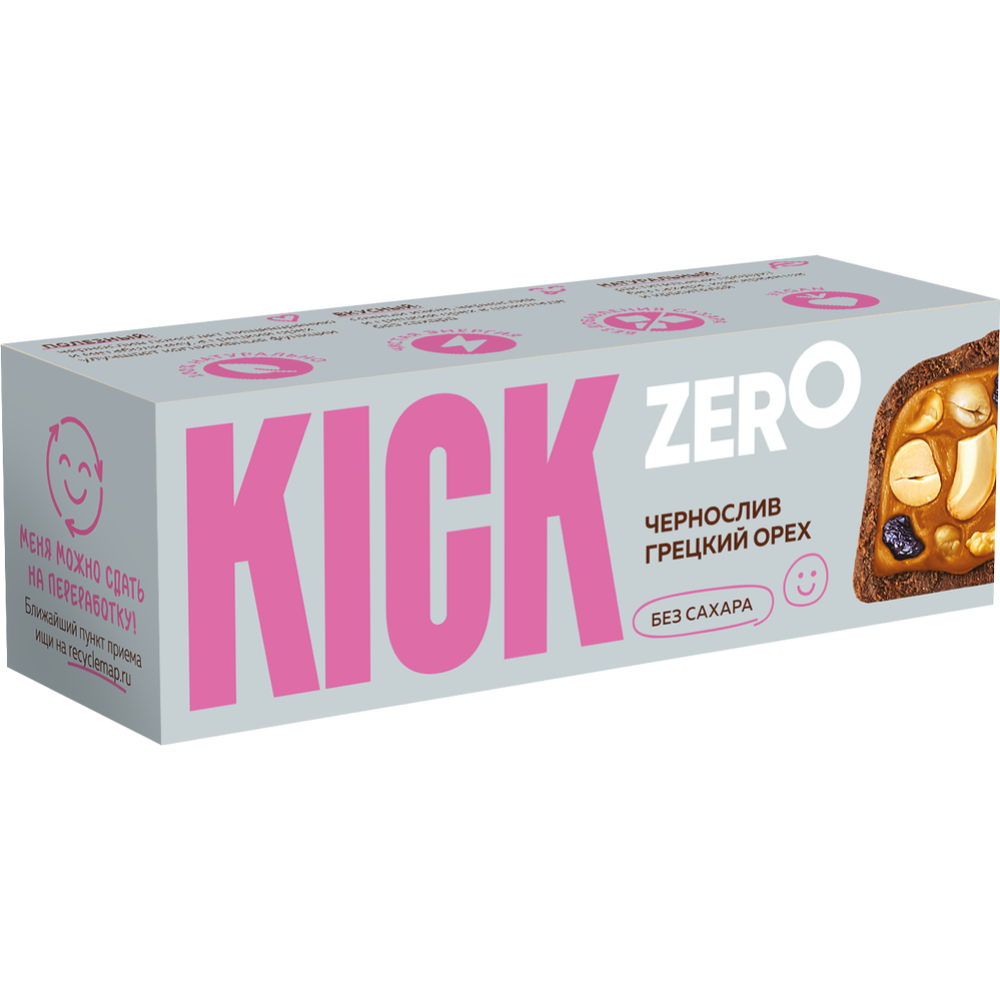 Батончик «Kick» без сахара арахисовый с изюмом, черносливом и грецким орехом, 45 г #0