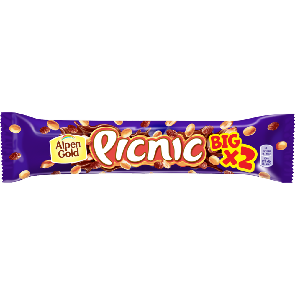 Шоколадный батончик «Picnic» Big, с арахисом и изюмом, 76 г #0