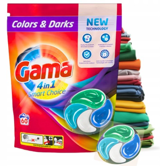 Кап­су­лы для стирки цветных и темных вещей Gama colors&darks 4 в 1 (60 штук)