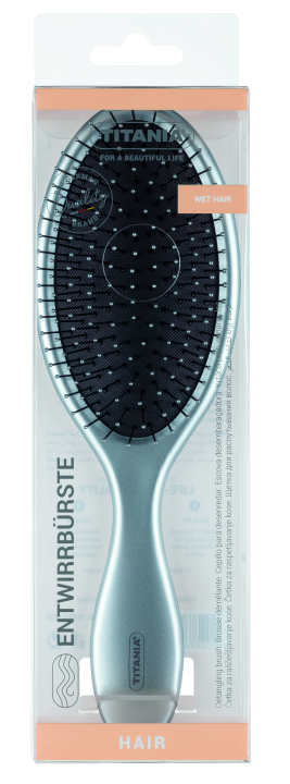 Щетка для расчесывания мокрых волос Detangling brush „Wet Hair“, гибкие зубья, серебряная, 22 см