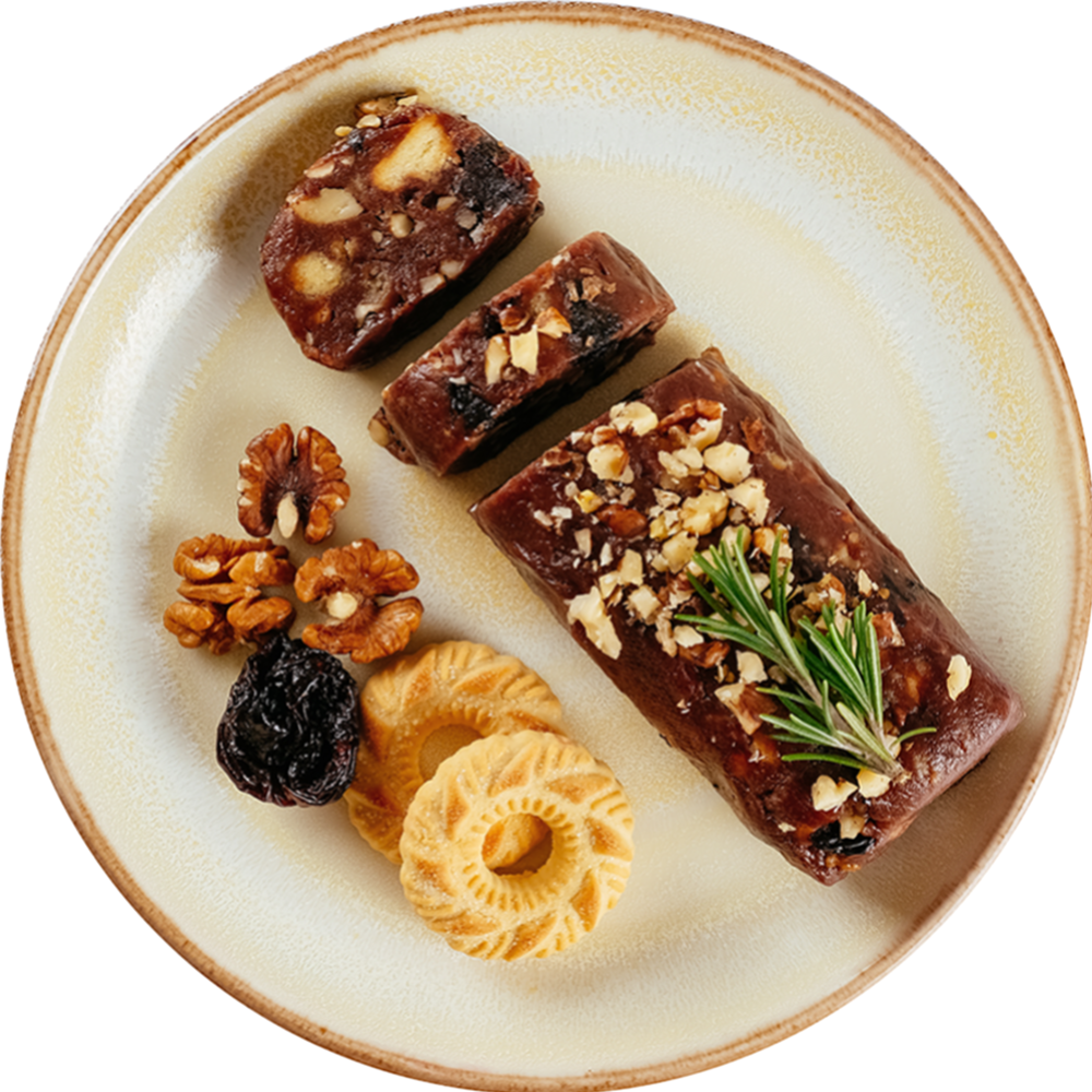 Десерт «Шо­ко­лад­ная кол­ба­са с оре­ха­ми и су­хо­фрук­та­ми» за­мо­ро­жен­ный, 1/300 г #0