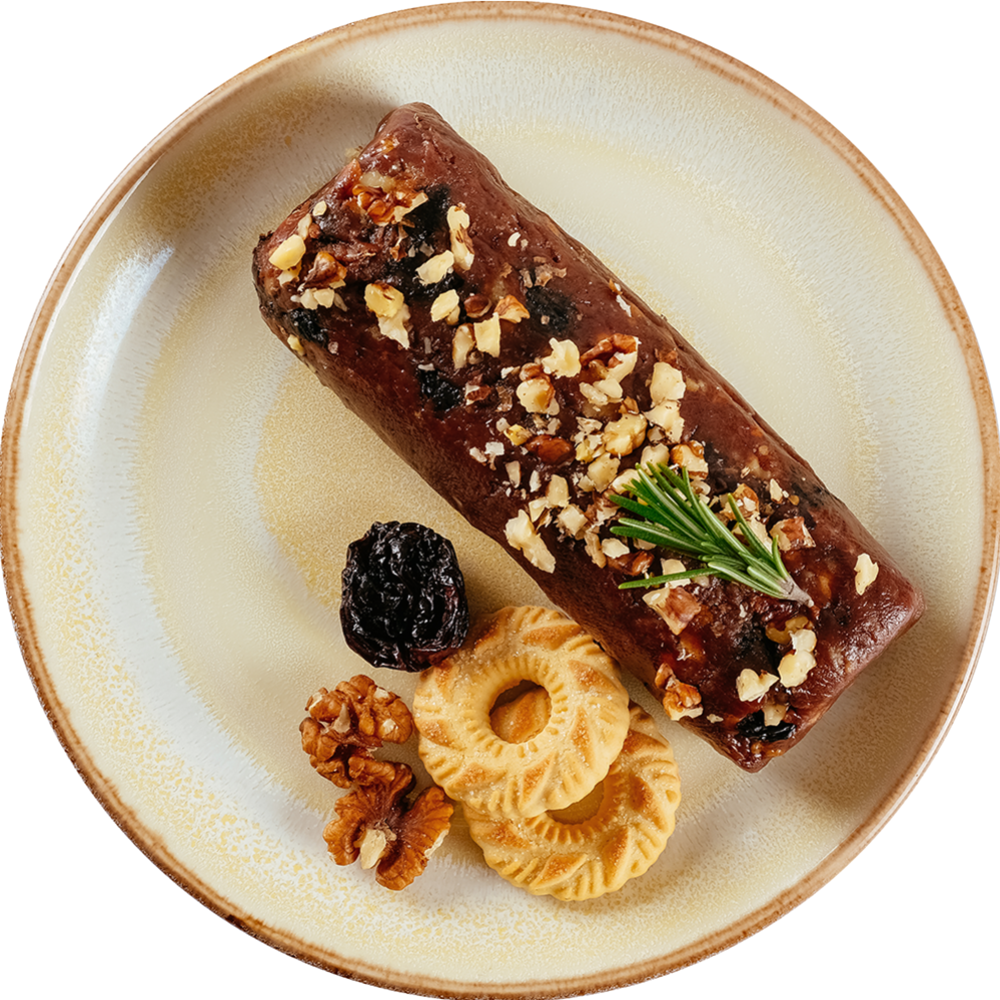 Десерт «Шо­ко­лад­ная кол­ба­са с оре­ха­ми и су­хо­фрук­та­ми» за­мо­ро­жен­ный, 1/300 г #1
