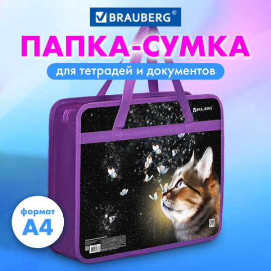 Папка на молнии с ручками BRAUBERG А4, 1 отделение, пластик, 80 мм, "Dream cat"