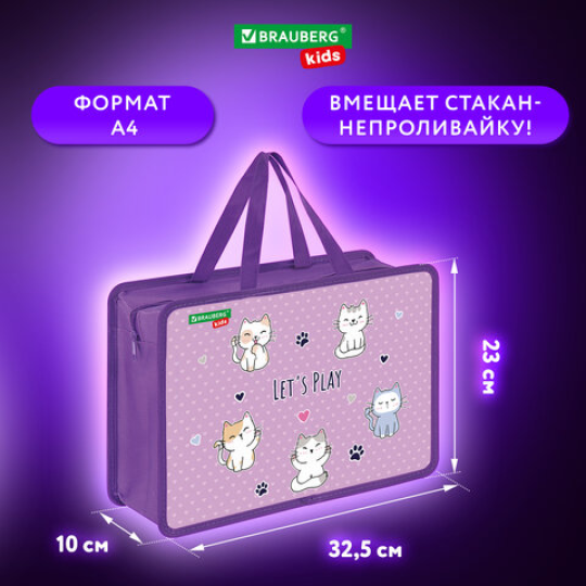 Папка для тетрадей на молнии с ручками BRAUBERG KIDS А4, 1 отделение, пластик, 100 мм, "Playing kittens"