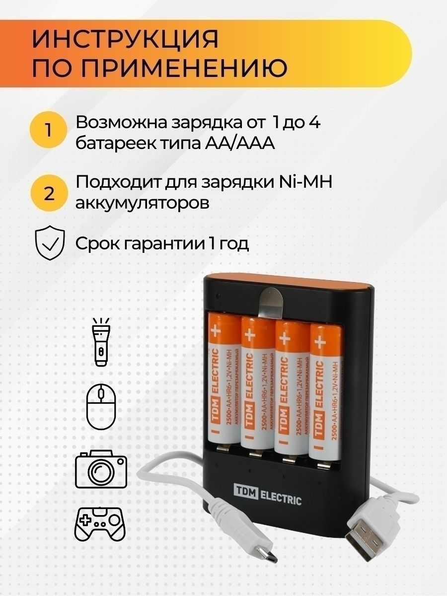 Зарядное устройство 36044Н (3600 mA 4 слота АА/ААА 4 кан.+4xAA2500 USB) TDM SQ1702-0101