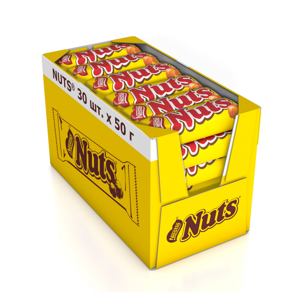Уп. Шоколадный батончик «Nuts» с цельным фундуком, карамелью и нугой, 30х50 г