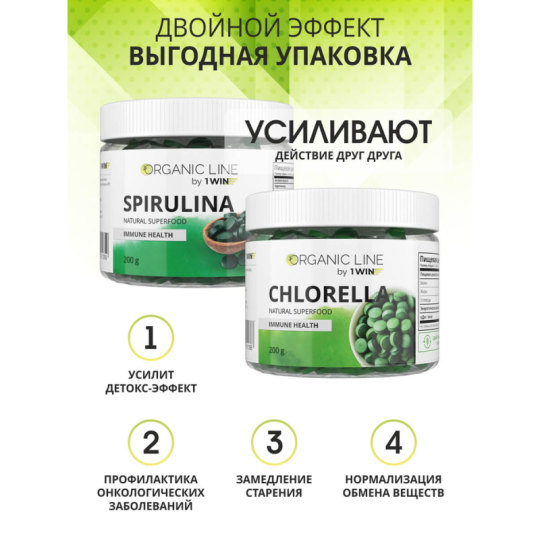 1WIN / Спирулина в таблетках, детокс для похудения, Spirulina суперфуд, 400 табл.