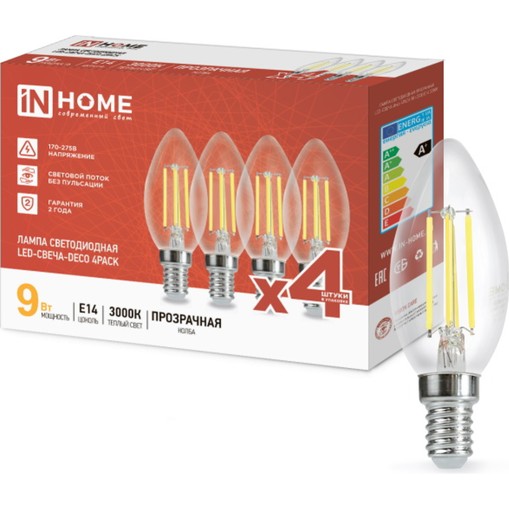 Лампа «Inhome» LED-СВЕЧА-deco 9Вт 230В Е14 3000К 1040Лм, 4 шт