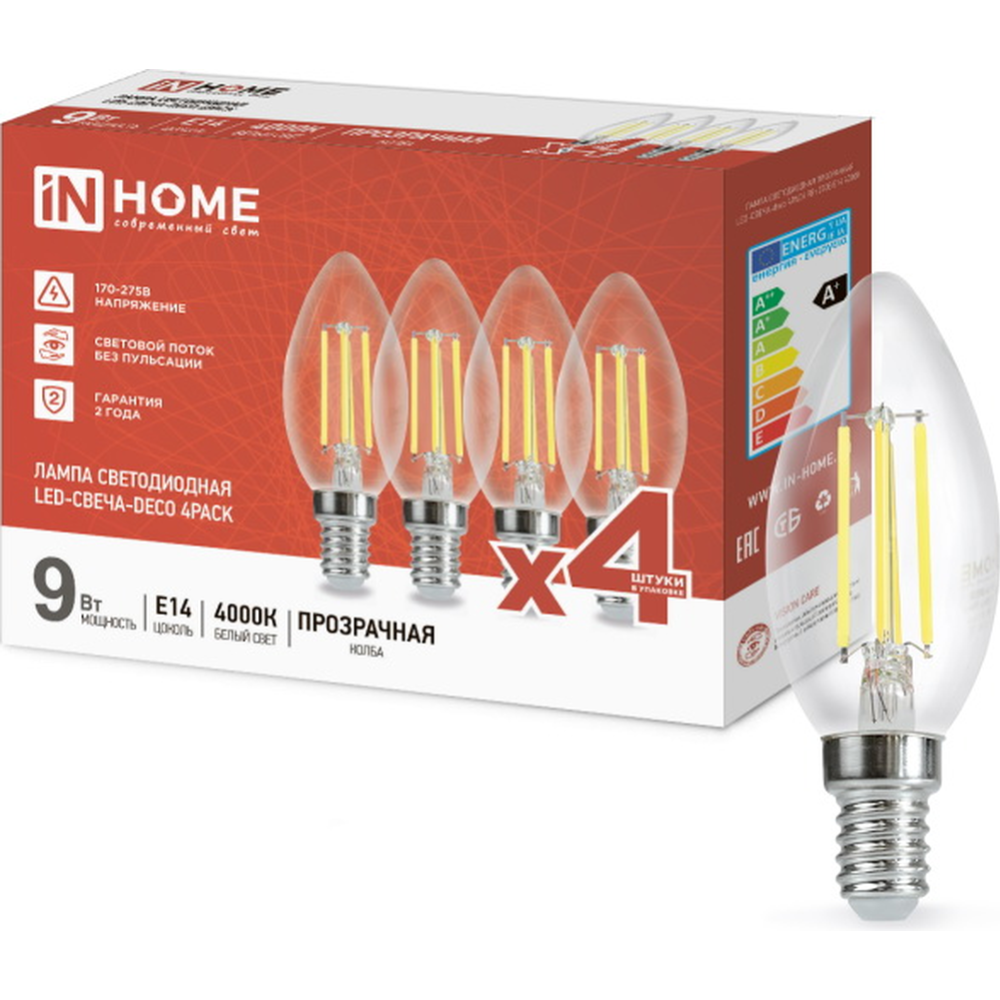Лампа «Inhome» LED-СВЕЧА-deco 9Вт 230В Е14 4000К 1040Лм, 4 шт