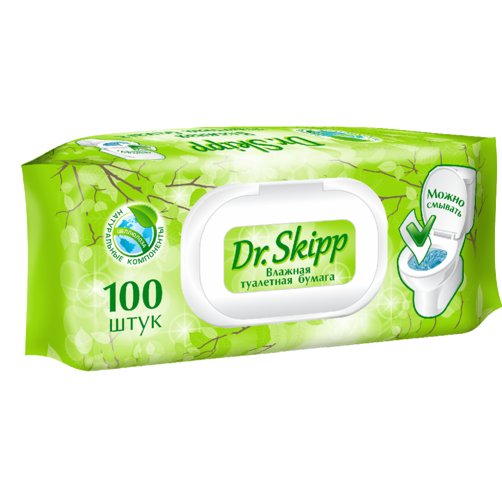 Влаж­ная туа­лет­ная бумага «Dr.Skipp» с экс­трак­том ро­маш­ки и мо­лоч­ной кис­ло­той, 100 шт