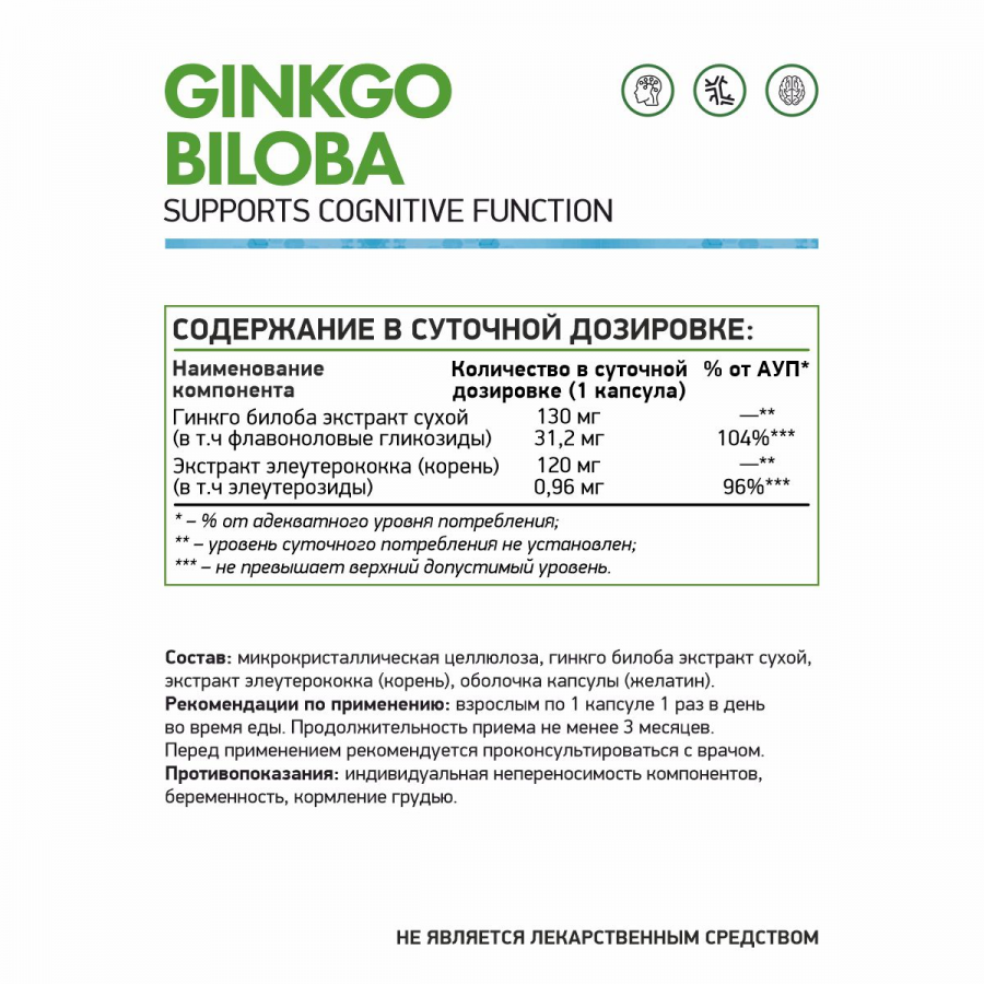 Гинкго билоба экстракт NaturalSupp Ginkgo Biloba, 60 капс.