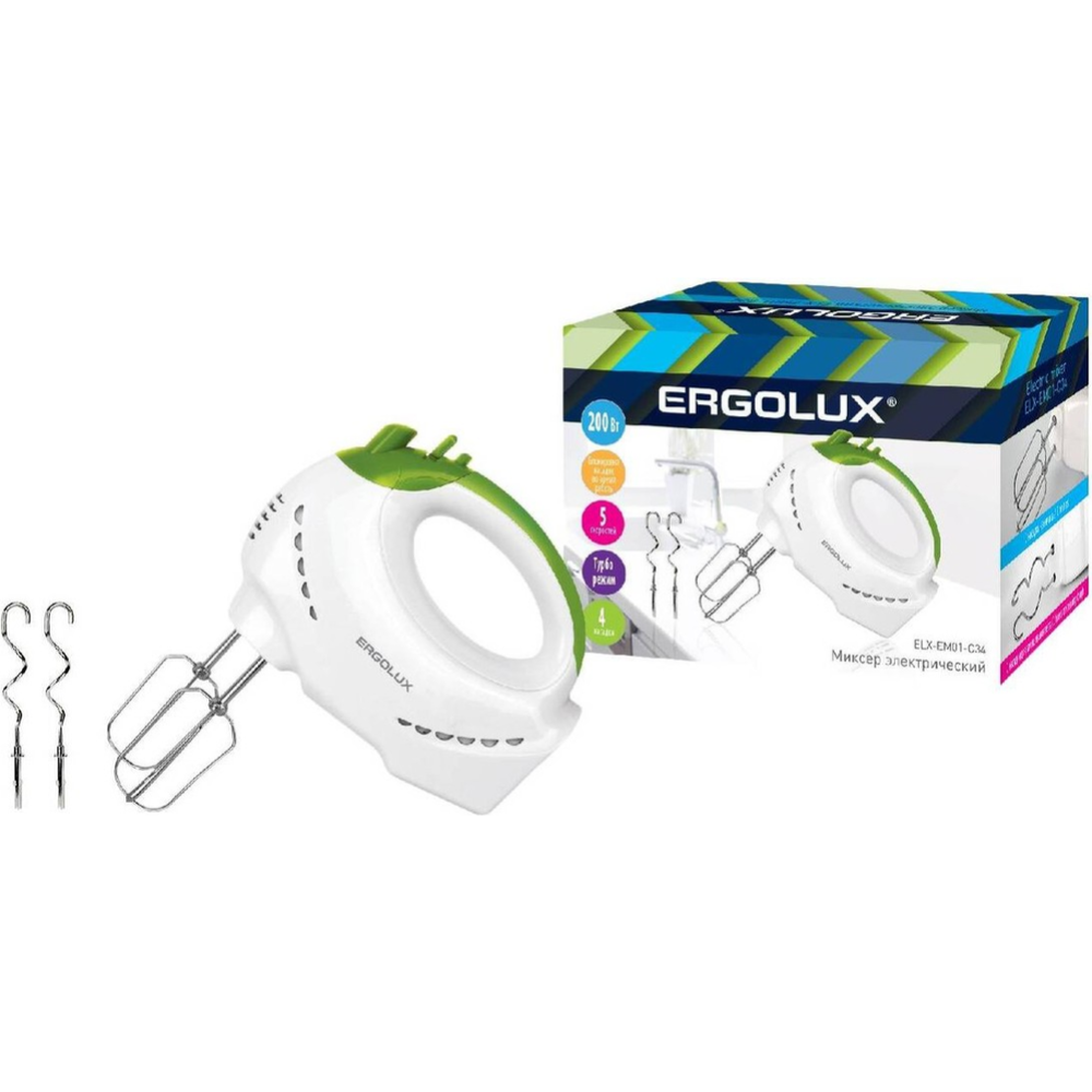 Ручной миксер «Ergolux» ELX-EM01-C34, 13442, бело-салатовый